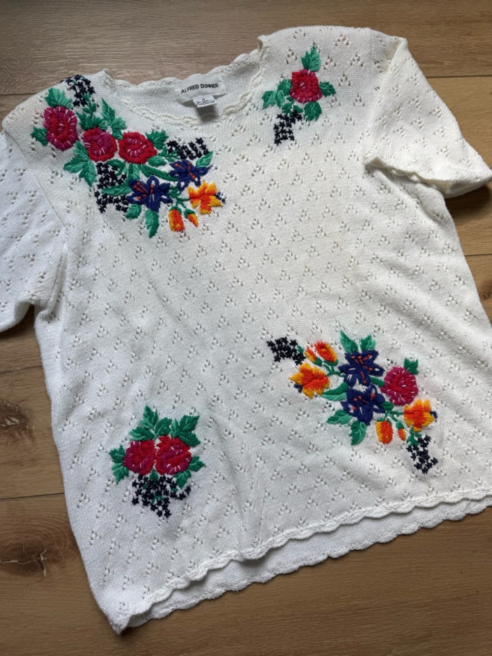 VTG Alfred Dunner Floral Crochet Short Sleeve Boho Spring Cottagecore Top M